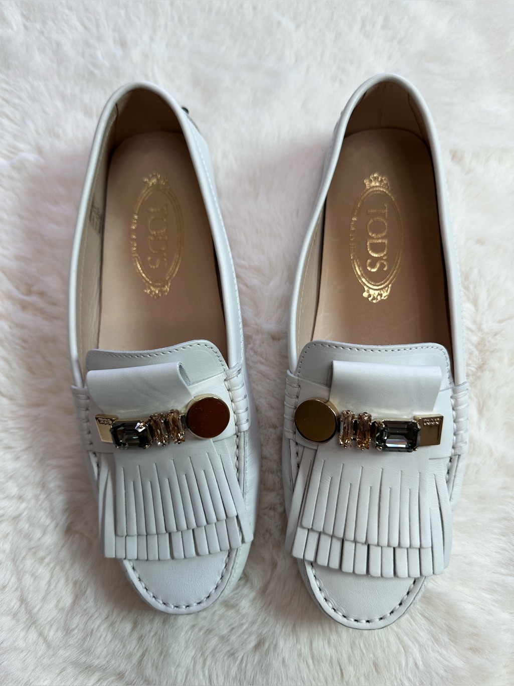 Tod's White Leather Fringe Loafers With Crystal Accent